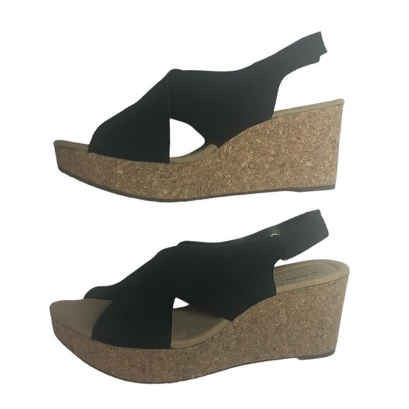 Clarks Shoes - CLARKS Annadel Eirwyn Wedge Sandals Women's Size 11 Black Slingback Leather